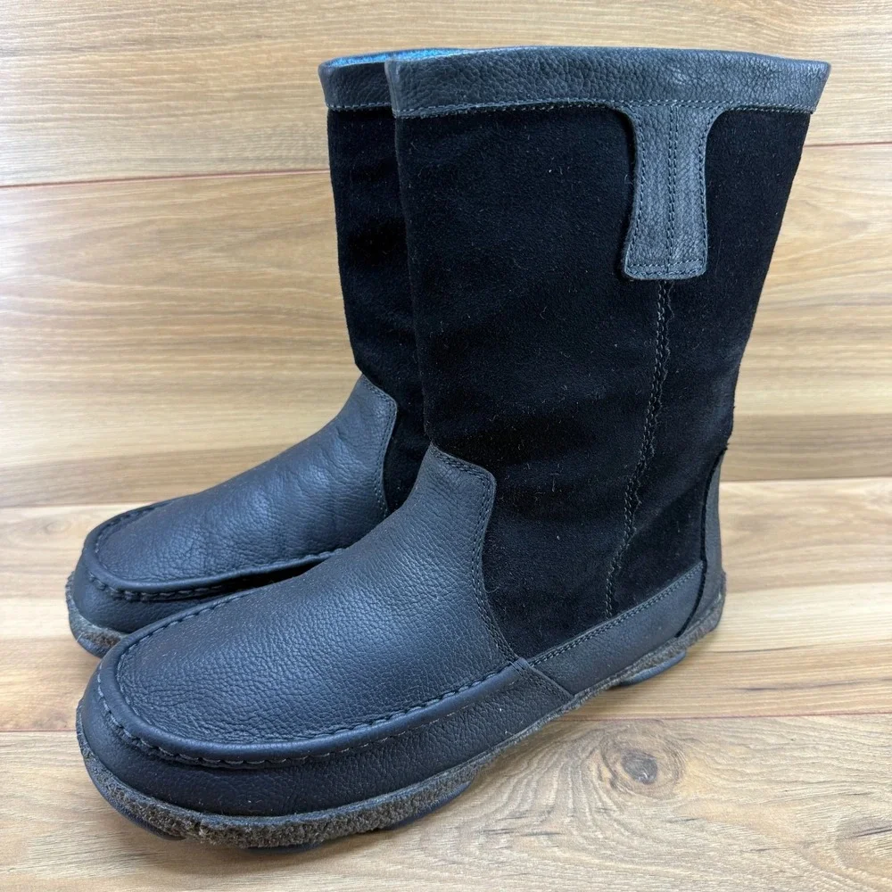 OLUKAI Kohana Boot Mens 10.5 Black Leather Suede Pull On Wool Lined